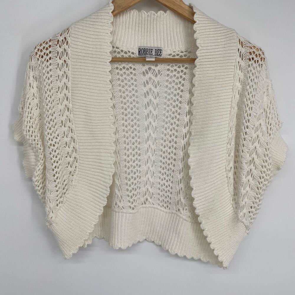 Robbie Bee Vintage Sweater Medium White Shrug Open Knit‎ Crochet Bohemian Hippie
